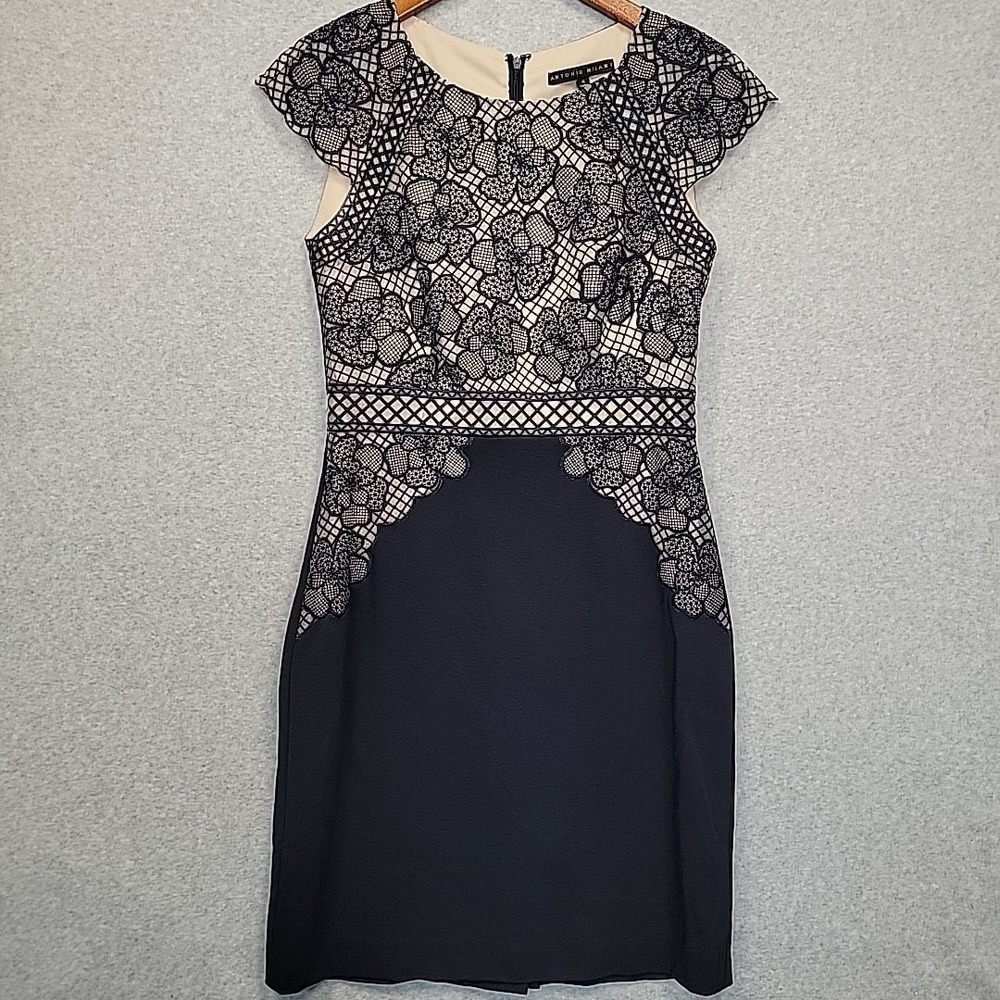ANTONIO MELANI Womens Sheath‎ Dress Sz 4 Blue Fitted Lace Overlay Lined Stretch